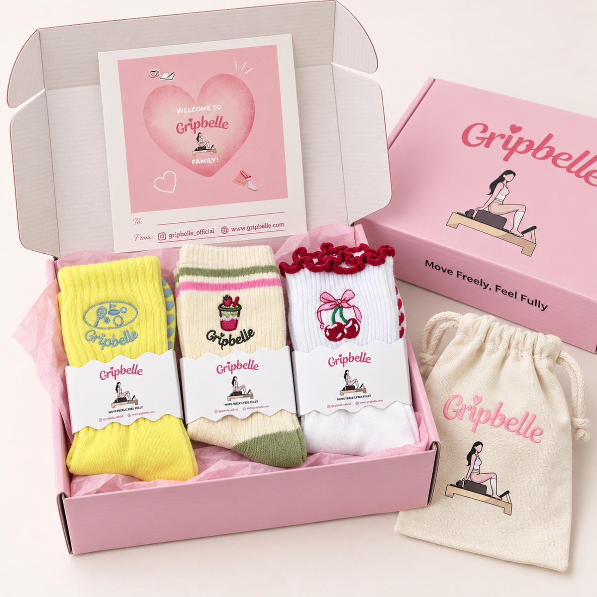 Gripbelle gift box with grip socks, cotton pouch and card