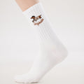 White Pilates grip socks with puppy embroidery and heart-shaped non-slip grips