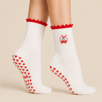 White ruffle Pilates grip socks with cherry embroidery and heart-shaped non-slip grips for Reformer Pilates