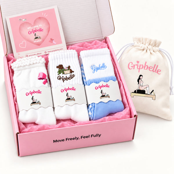 Gripbelle 3 pair gift box with Heartbeats Steps, Cloud Blue and Sunday Best Puppy grip socks, microfiber pouch and welcome card
