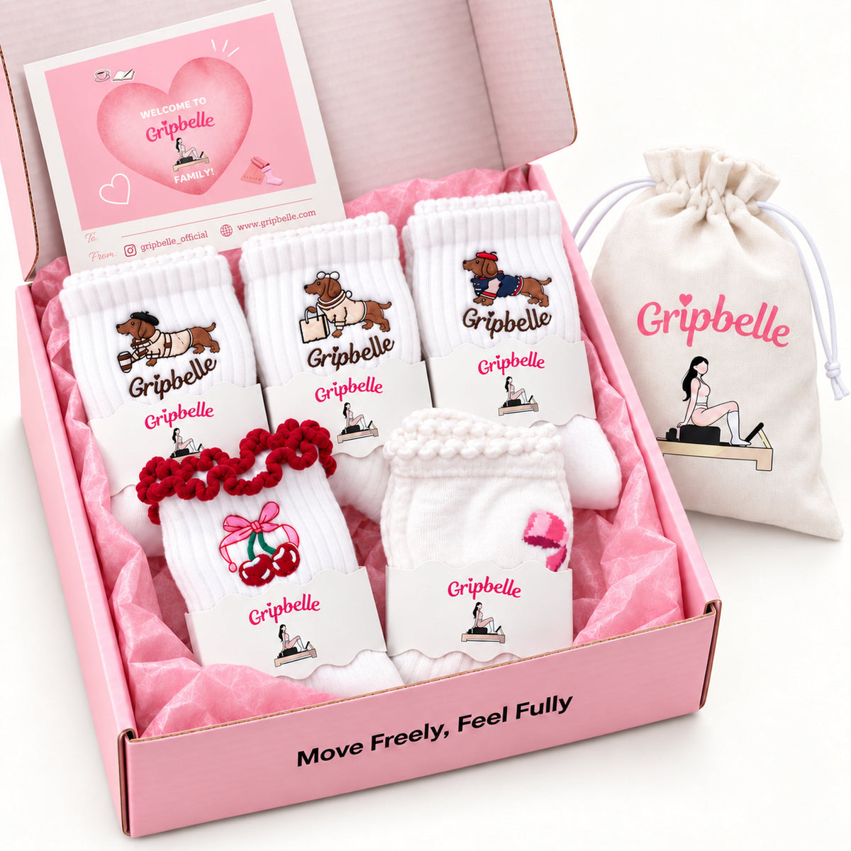 Gripbelle 5 pair gift box with Heartbeats Steps, Cherry Ruffle, Weekend Stroll Puppy, Coffee Run Puppy and Day Out Puppy grip socks, microfiber pouch and welcome card