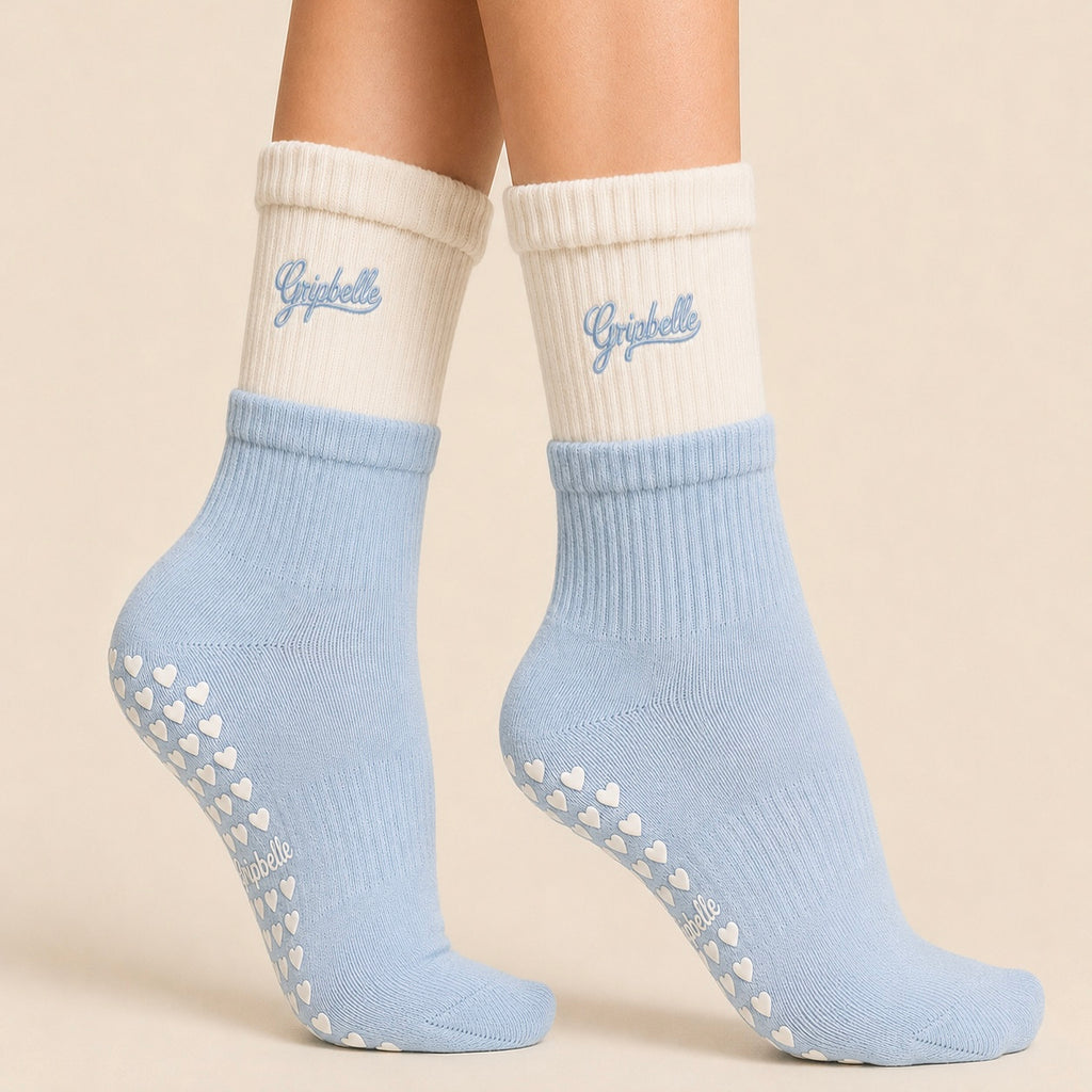 Cloud Blue Pilates grip socks with heart-shaped non-slip grips for Reformer Pilates