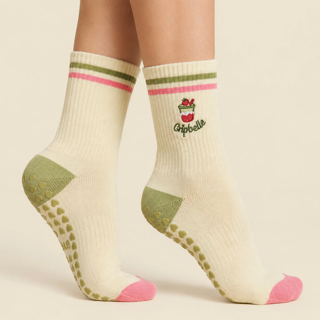 Strawberry Matcha Pilates grip socks with heart-shaped non-slip grips for Reformer Pilates