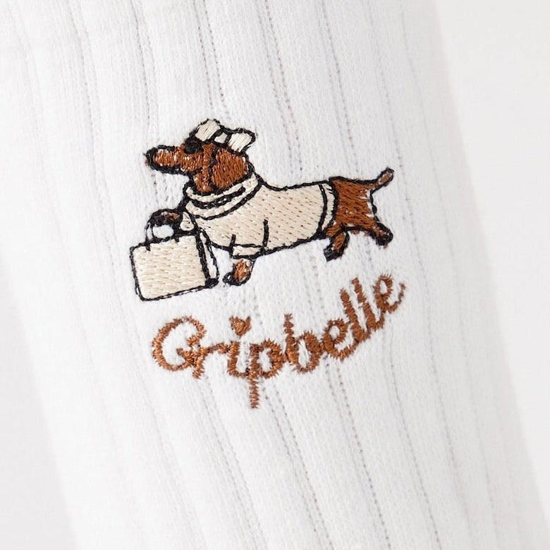Close up of the dachshund embroidery on Gripbelle Day Out Puppy pilates grip socks